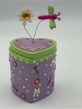 Vintage 2004 Claire's Y2K Trinket Box Dragonfly Daisy Heart Purple Green